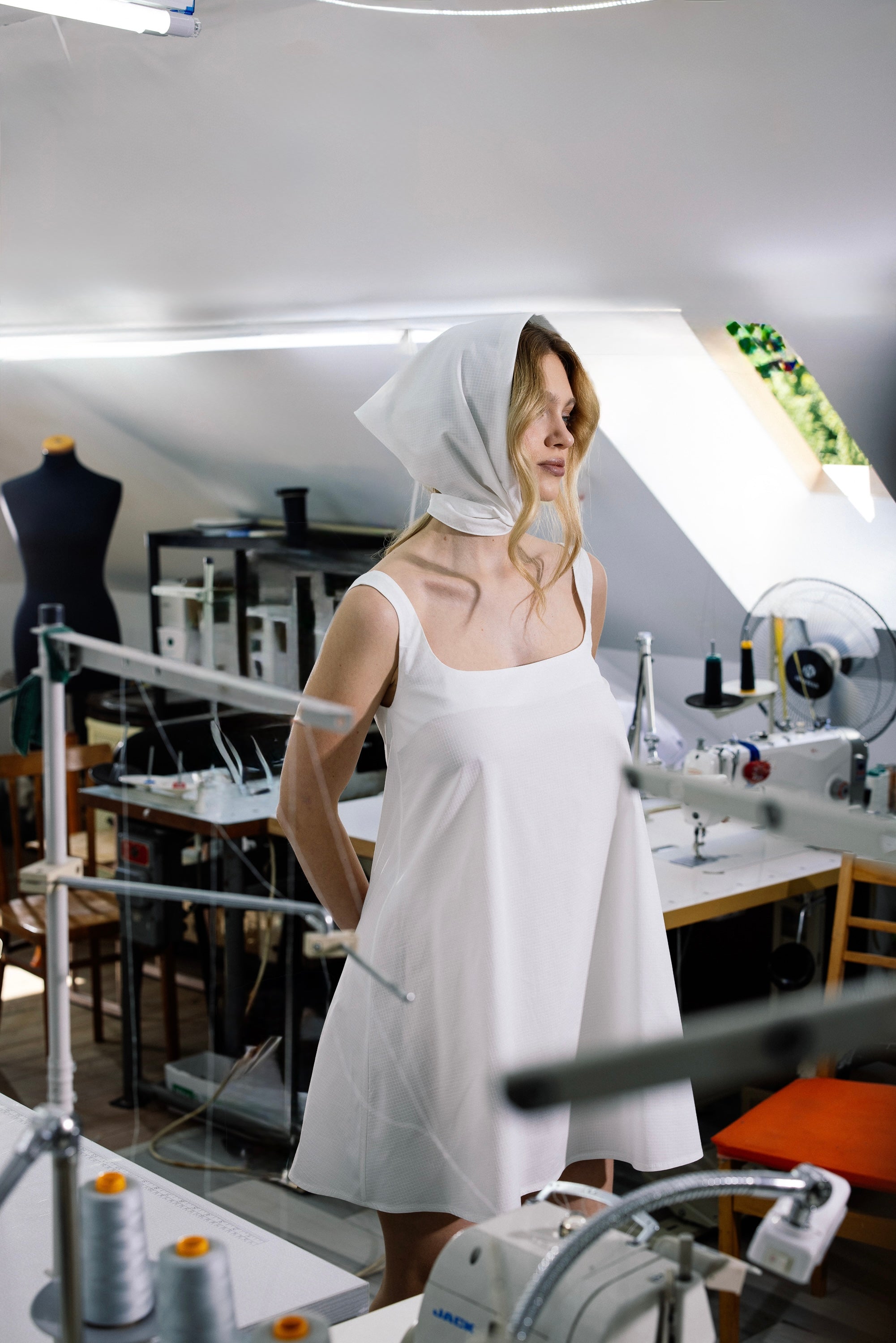 Riviera White Cotton Dress
comes with a matching headscarf — a gift from HOV