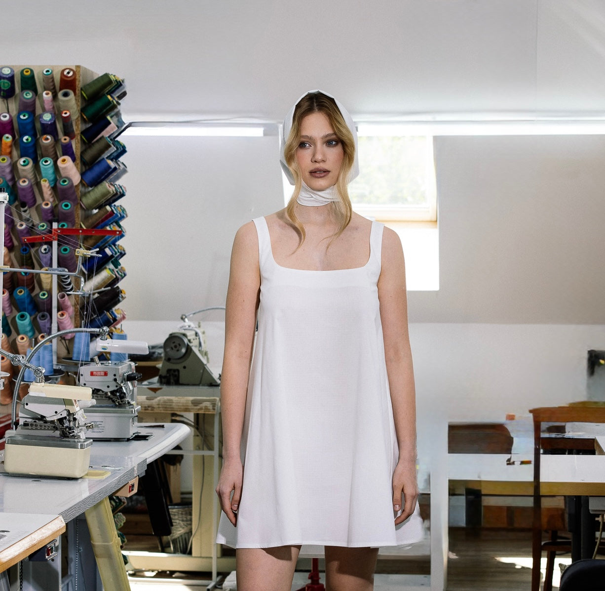 Riviera White Cotton Dress
comes with a matching headscarf — a gift from HOV