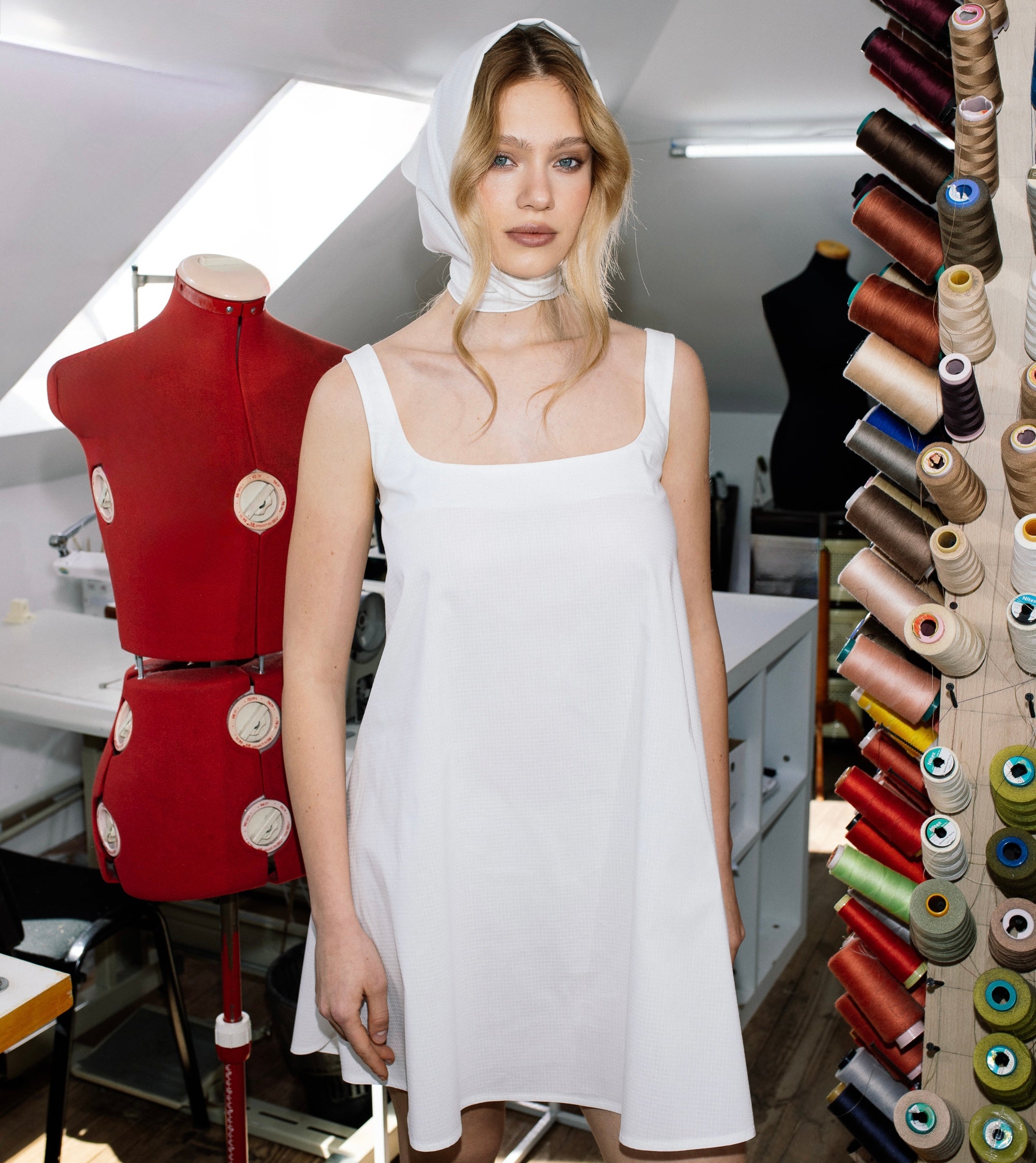Riviera White Cotton Dress
comes with a matching headscarf — a gift from HOV