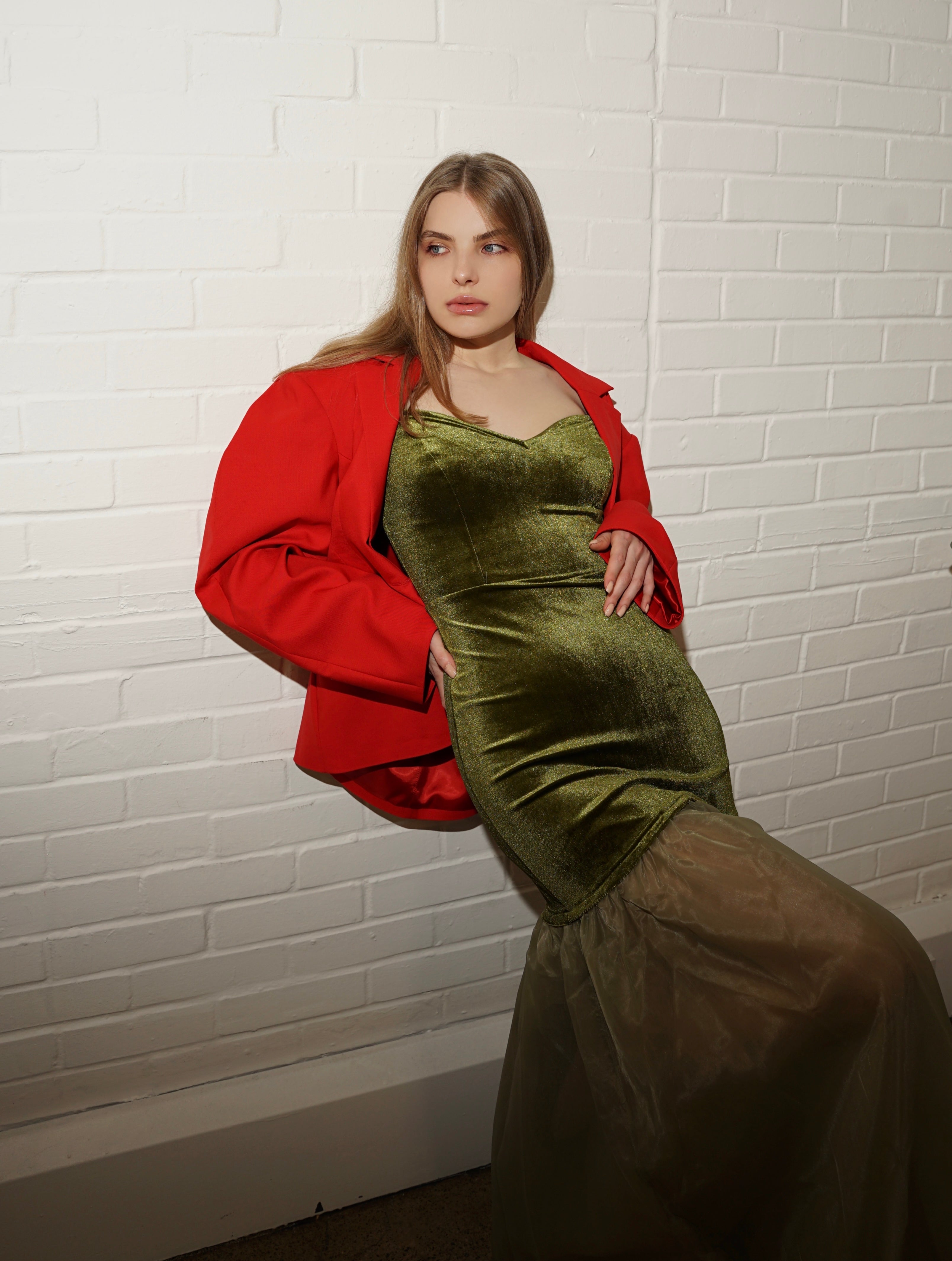 Velvet Off-Shoulder Maxi Dress – Olive Green