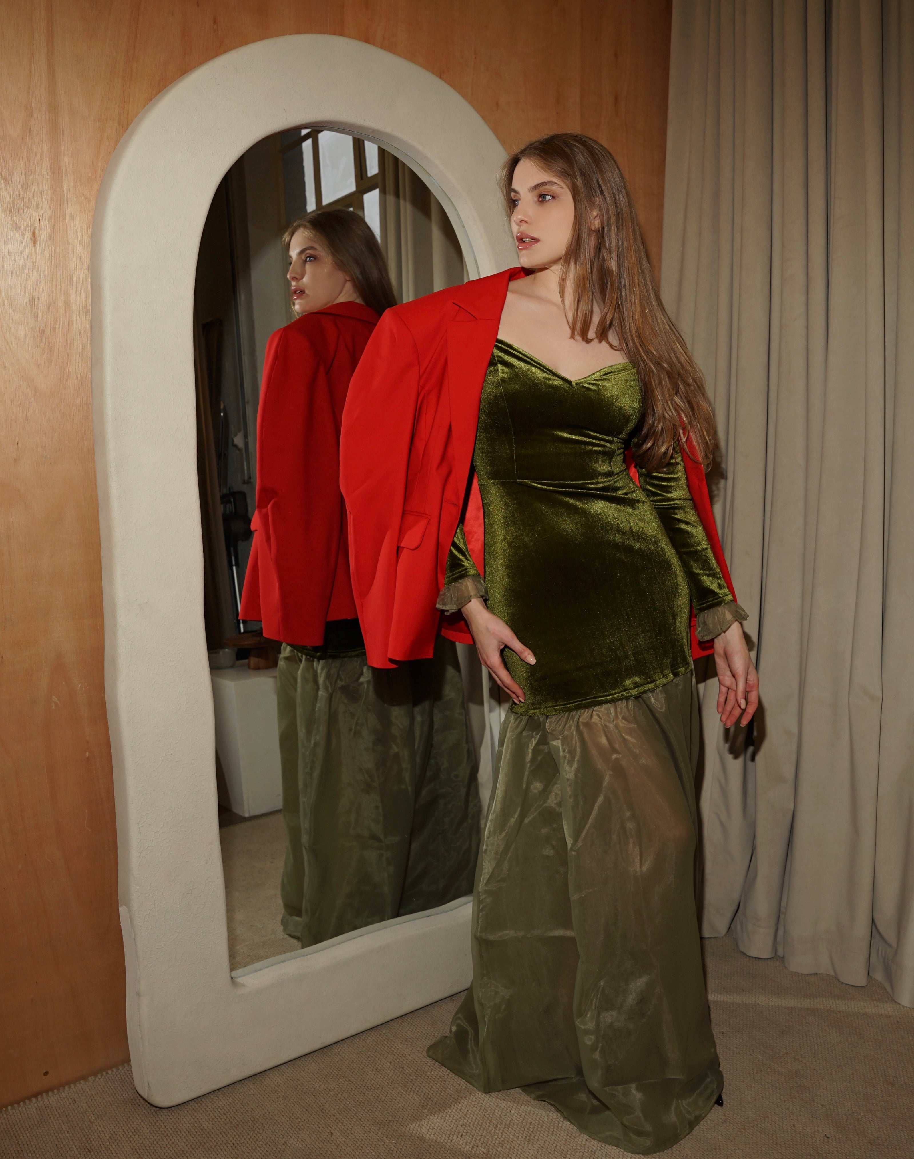 Velvet Off-Shoulder Maxi Dress – Olive Green