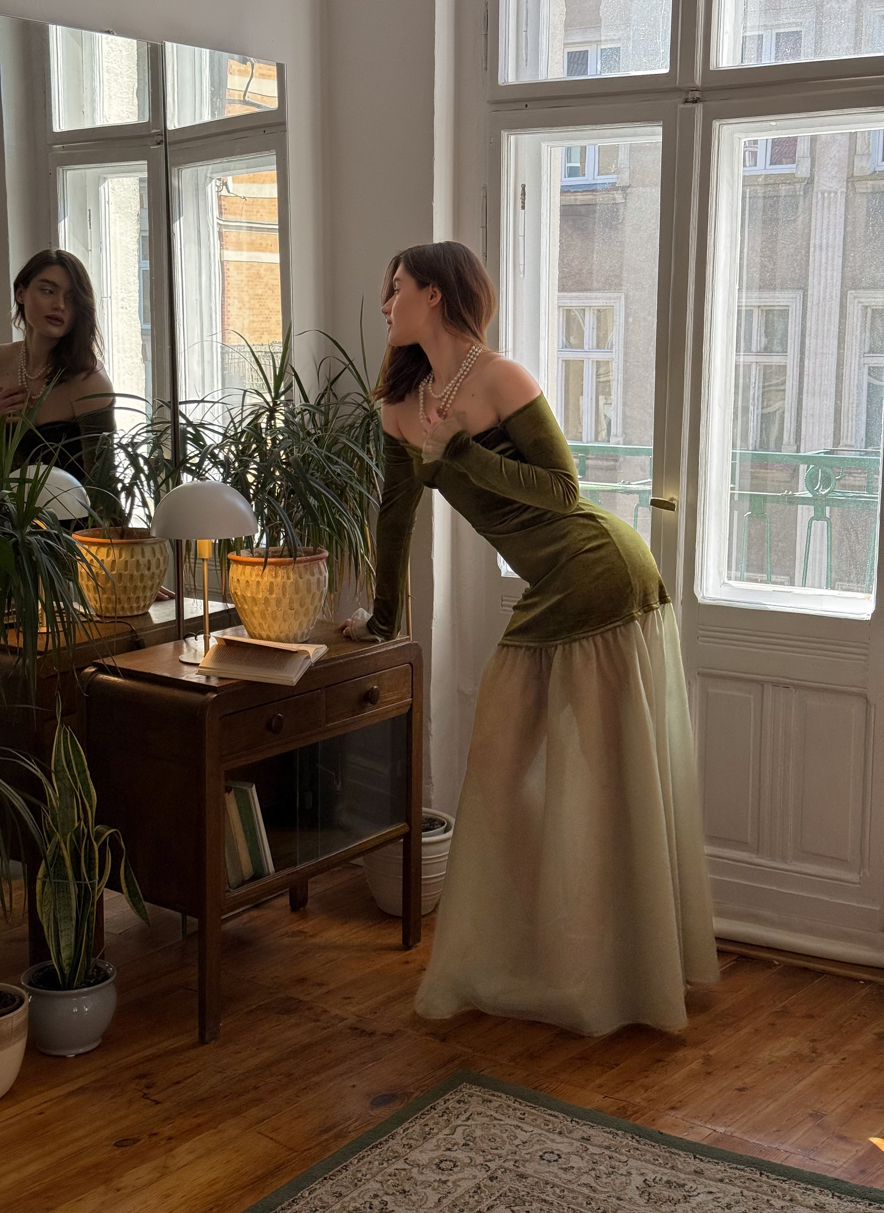 Velvet Off-Shoulder Maxi Dress – Olive Green