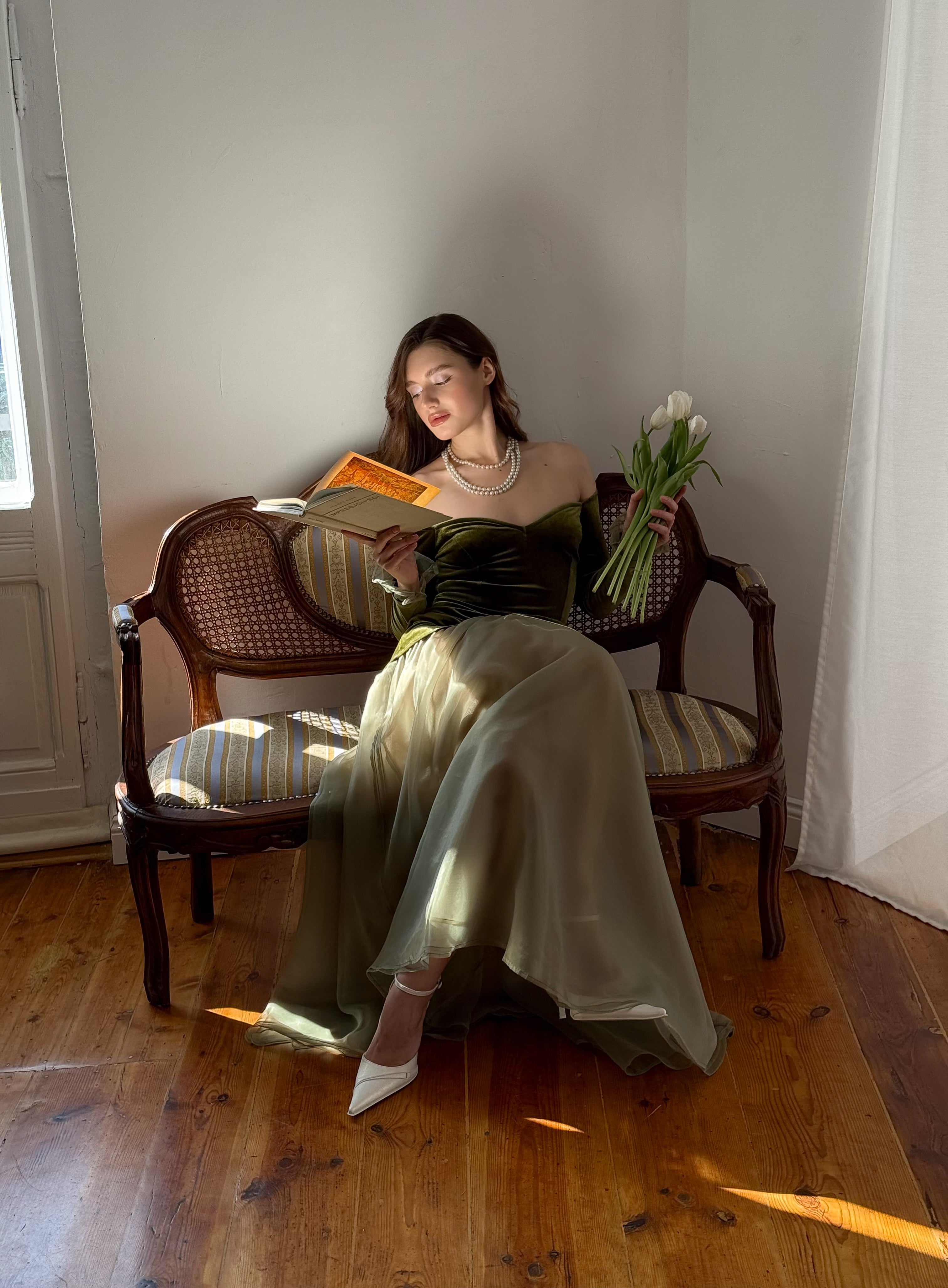 Velvet Off-Shoulder Maxi Dress – Olive Green