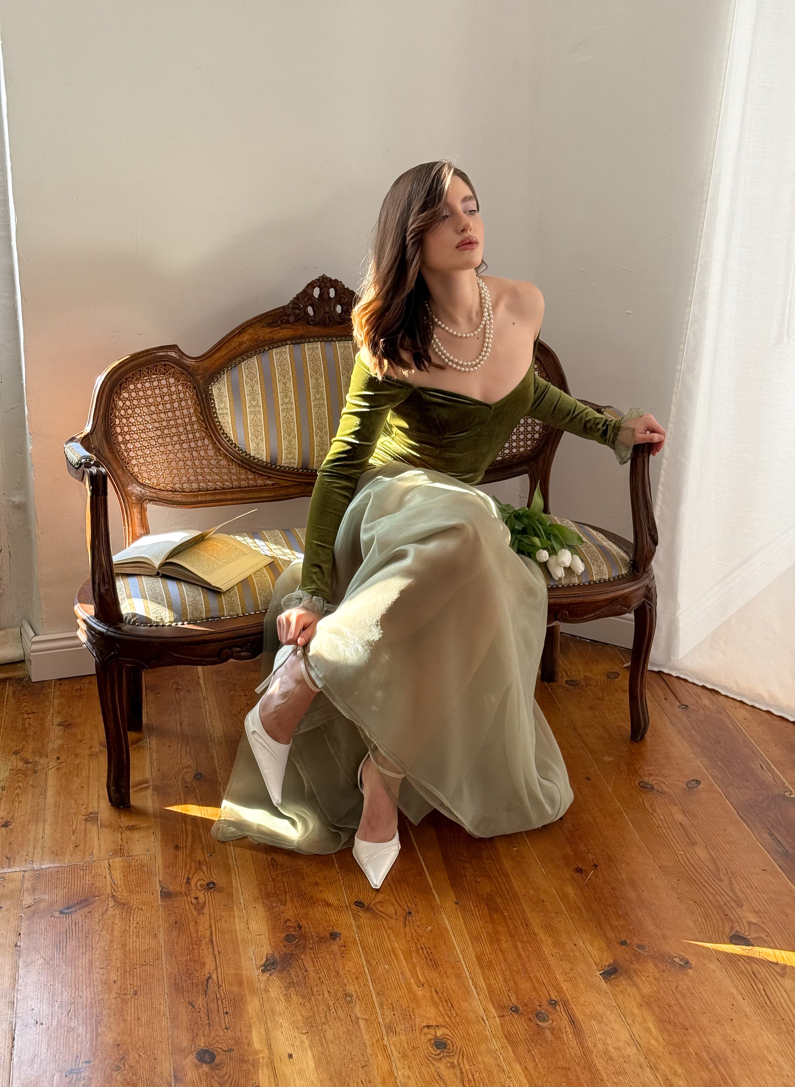 Velvet Off-Shoulder Maxi Dress – Olive Green