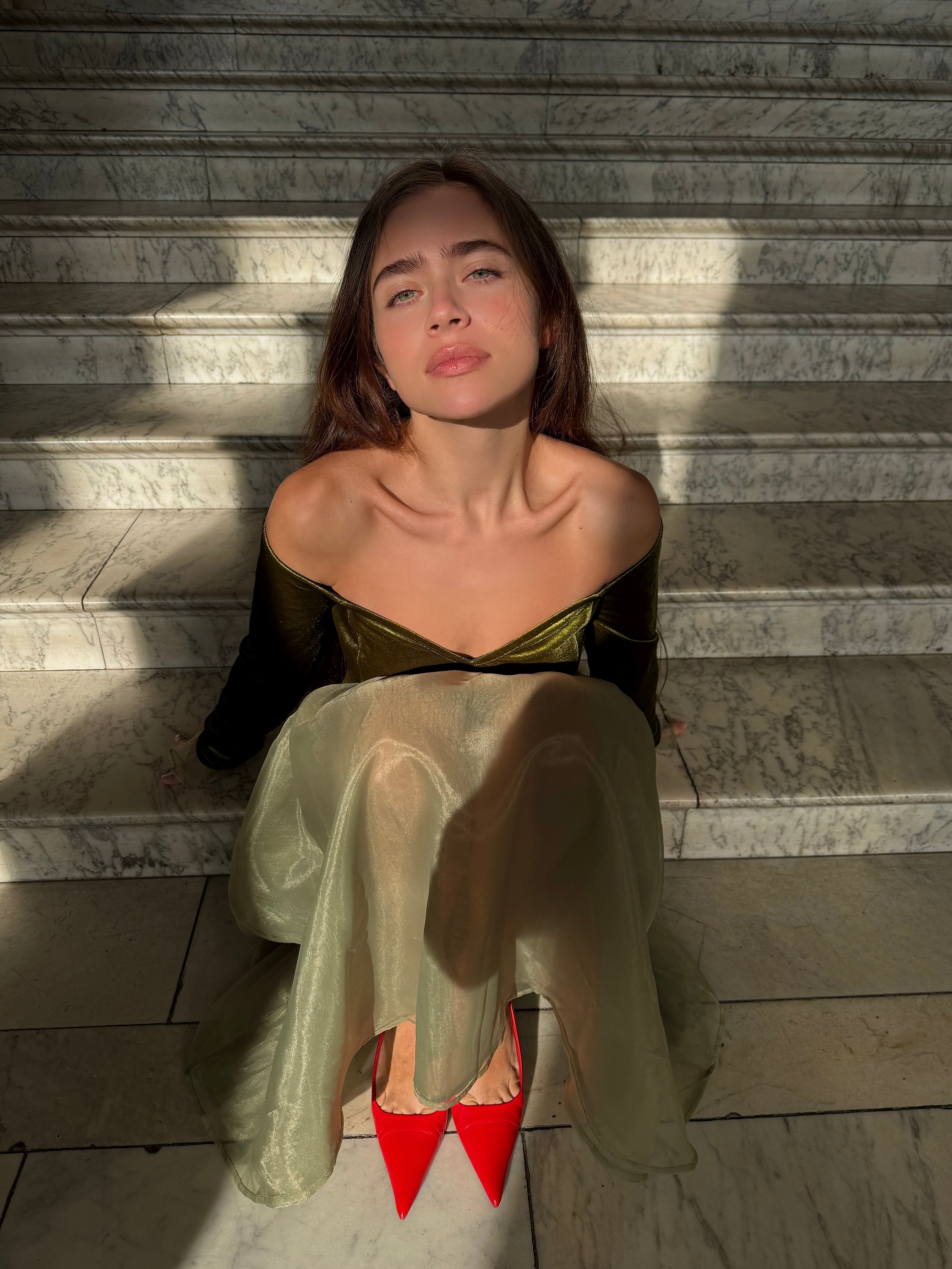 Velvet Off-Shoulder Maxi Dress – Olive Green