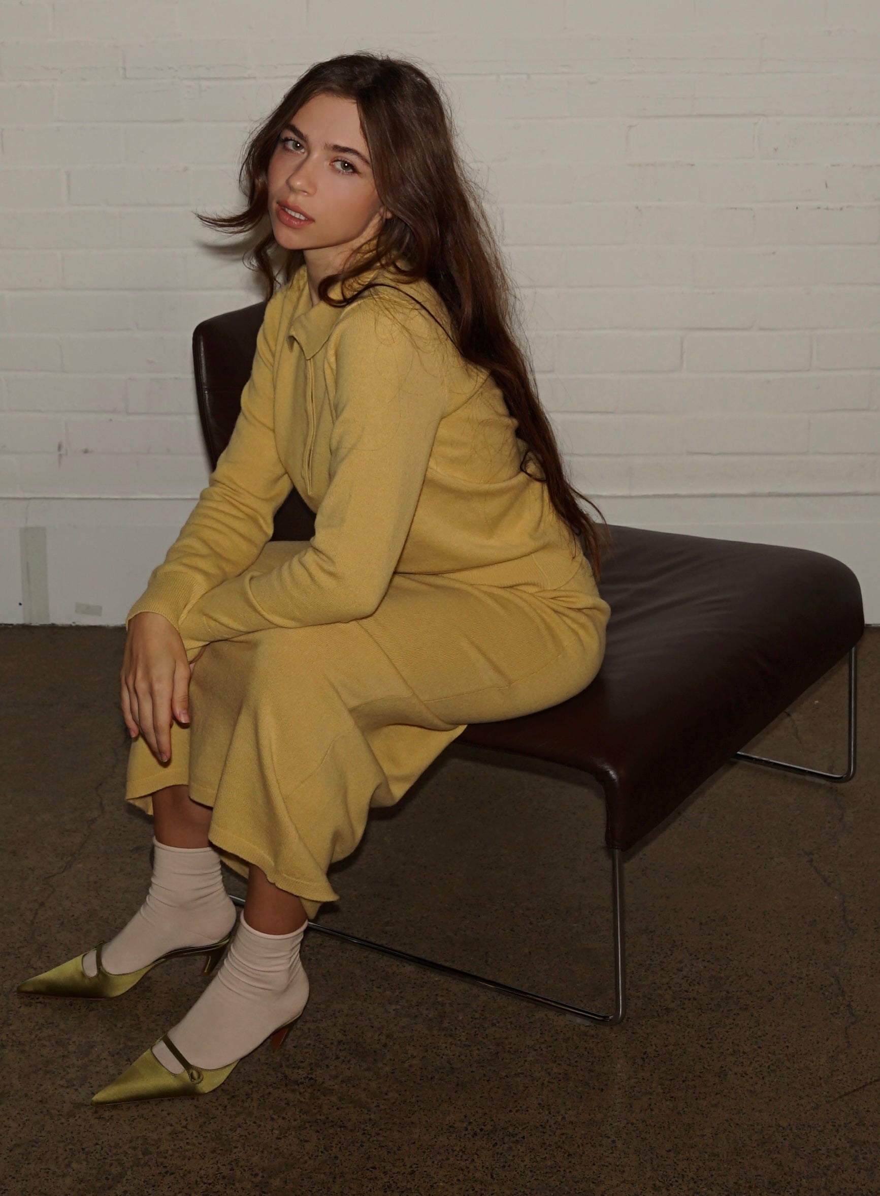 Merino Knitted Midi-Length Skirt - Mustard Yellow