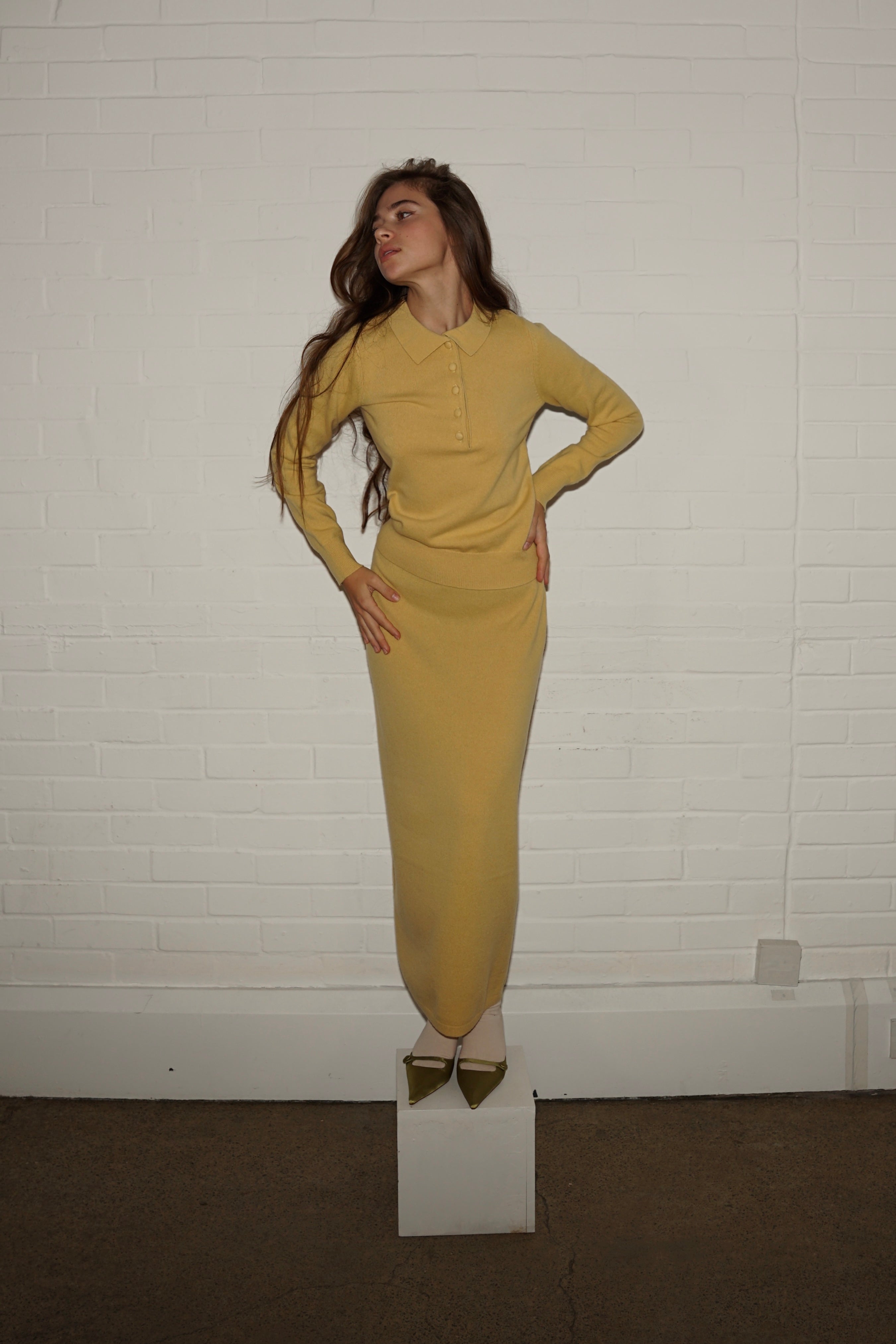Merino Knitted Midi-Length Skirt - Mustard Yellow