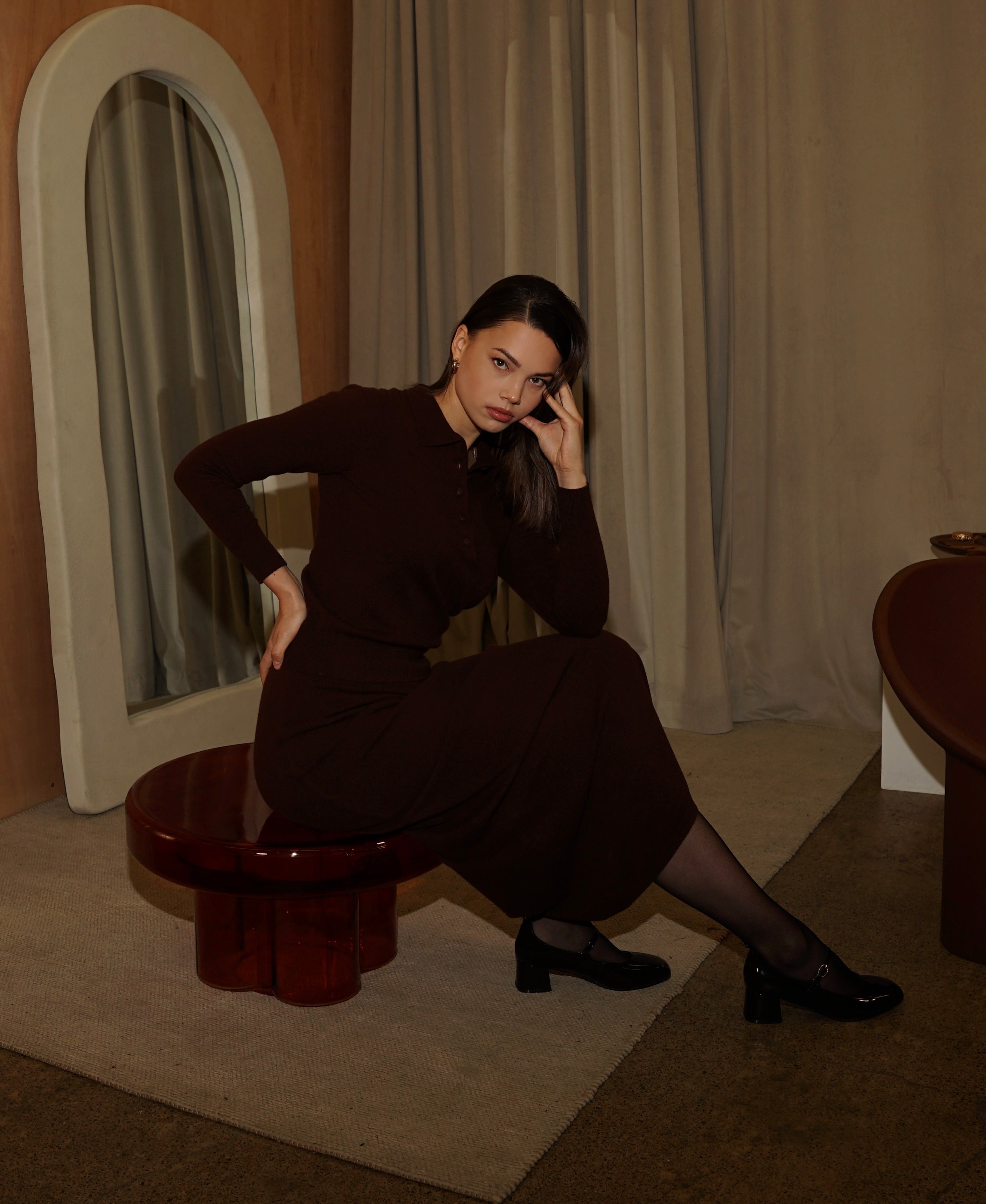 Merino Knitted Midi-Length Skirt - Deep Brown