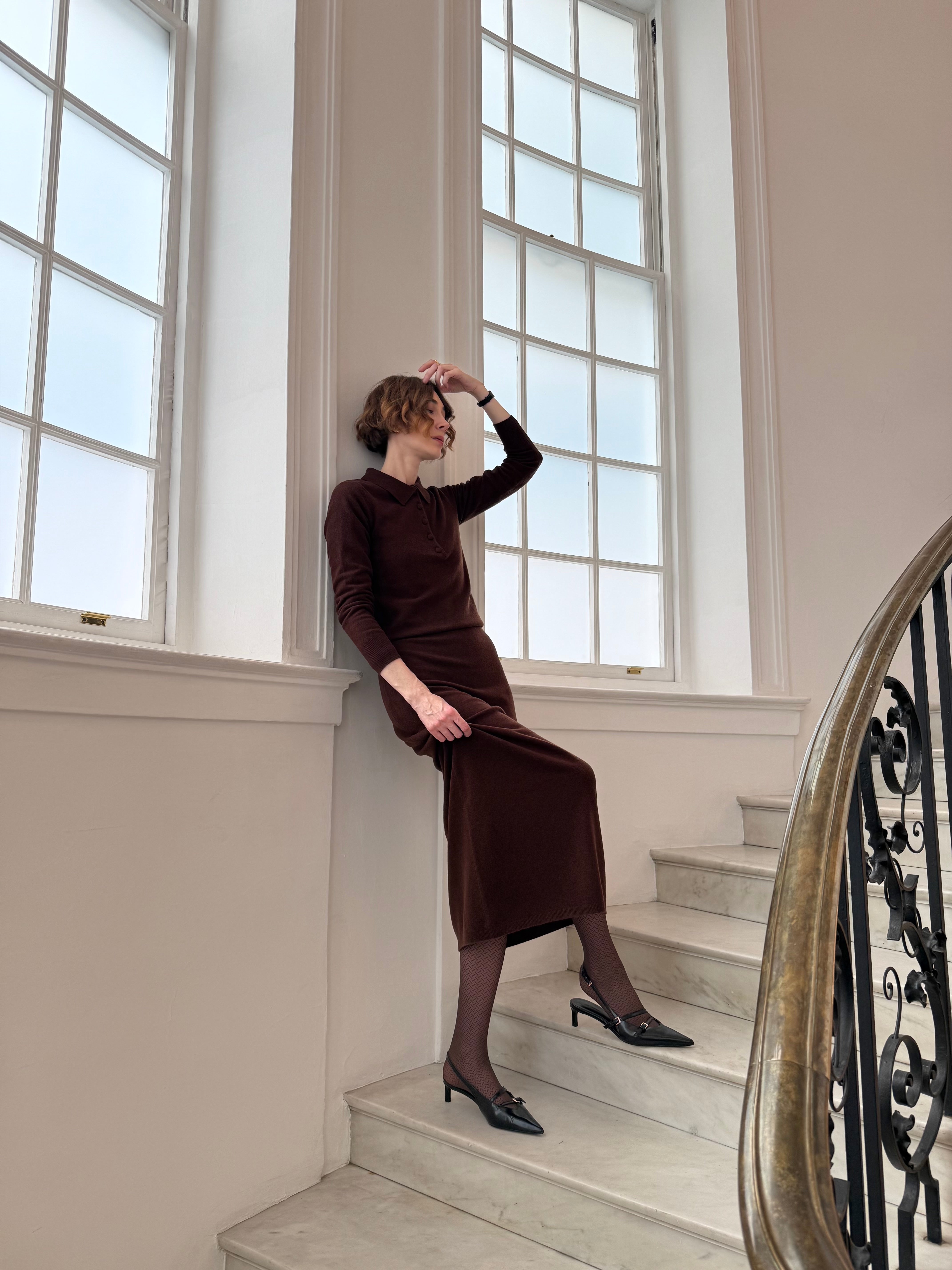 Merino Knitted Midi-Length Skirt - Deep Brown